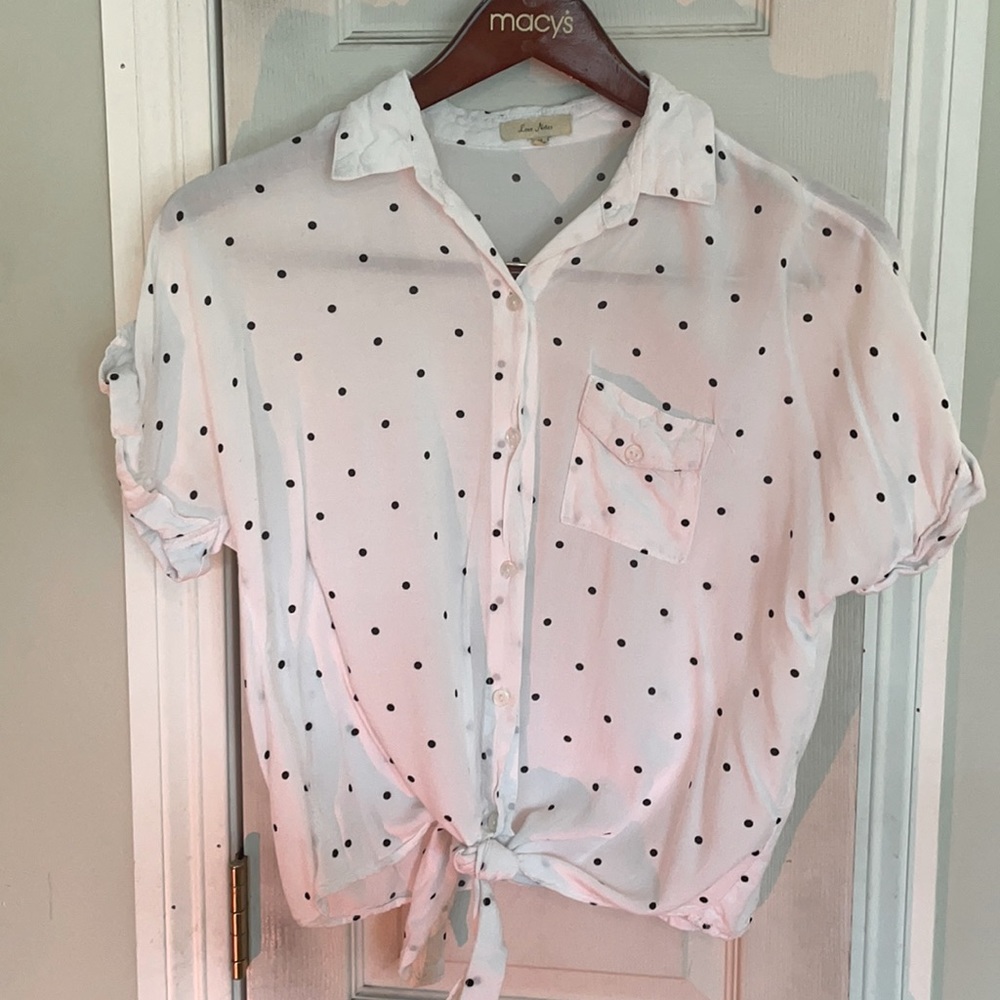 White and Black Polka Dot Tie Bottom Blouse